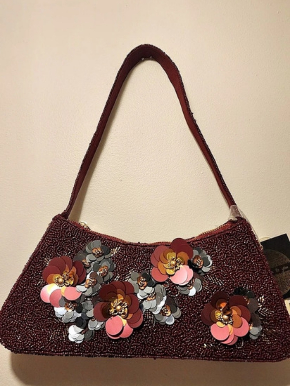 Beaded Floral Shoulder Bag in Red & Pink